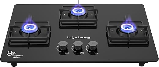 Lifelong 3 Gas Burner Top – 3 Burners Hob Top Gas Stove with Automatic Ignition – Toughened Glass top Gas Stoves for Home & Kitchen – Automatic Gas Stove for Modern/Modular Kitchen (LLHT923)Open,Black