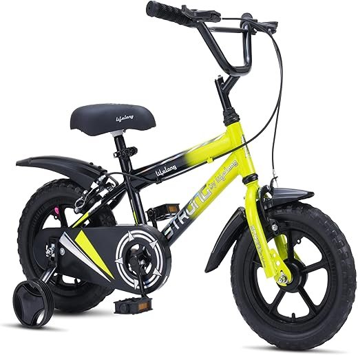 Lifelong Strong 14T Single Speed Kids Bicycle | Kids Bike for 3–7 Years | Mag Wheels & EVA Tyres | Rigid Fork | Caliper Brake | Dual Tone Paint | Chain Cover & Mudguard (Black & Lime Yellow)