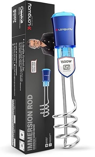 Longway LWIR01 1500W Immersion Water Heater Rod | Water Proof | Shock Proof Body | Heavy Element with Nickel Coated | Instant Fast Heating | ISI Certified | 2 Years Replacement Warranty (Blue)