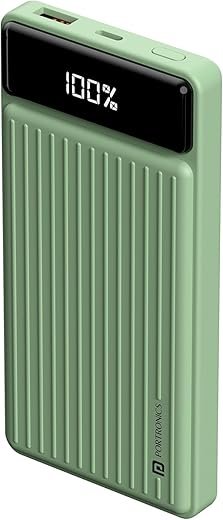 Portronics Luxcell B 10K 10000 mAh 22.5W Fast Charging Power Bank, Ultra Slim Power Bank with Mach USB-A Output, Type C PD Output, Type C Input, Wake Up Button(Green)