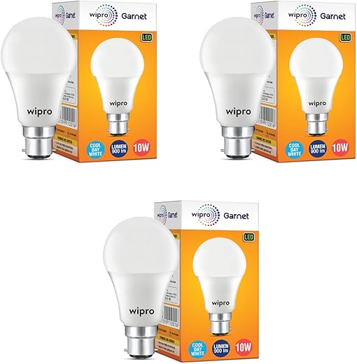 wipro Garnet 10W LED Bulb for Home & Office |Cool Day White (6500K) | B22 Base|220 degree Light coverage |4Kv Surge Protection |400V High Voltage Protection |Energy Efficient | Pack of 3