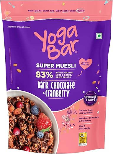 Yogabar Wholegrain Breakfast Muesli – Dark Chocolate + Cranberry,400g| Healthy Breakfast Cereals | Granola | Gluten Free | Antioxidant Rich | Healthy Food for Breakfast | Protein Rich