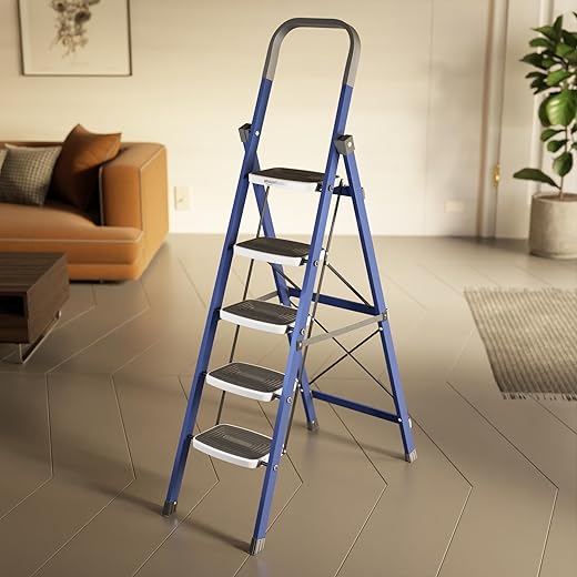 amazon basics Super Clamber - Non-Trip and Flat-Foldable Step Ladder, with Anti-Skid Steps, 5 Steps (Steel, Blue & White)