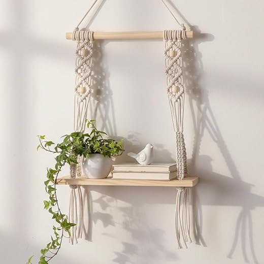 Decazone ® Macrame Wall Hanging Shelf Wood Floating Shelves with Wooden Dowel Modern Chic Woven Decor for Dorm Living Room Nursery Beige 55 x 43 cm (Wall Decor)