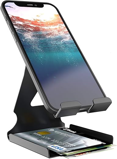 ELV Universal Mobile Phone Tabletop Stand Holder Mount with Inbuilt Cable Organiser and Card Holder – Black