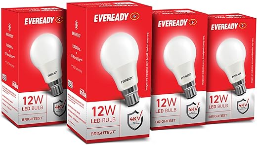 Eveready 12W LED Bulb, Cool White Day Light (6500K), E27 Base, Energy-Efficient, 4kV Surge Protection, Long-Lasting Durability, Pack of 4