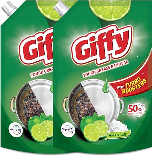 Giffy Liquid Dishwash Gel 900ml(Pack of 2) | Green Lime and Active Salt