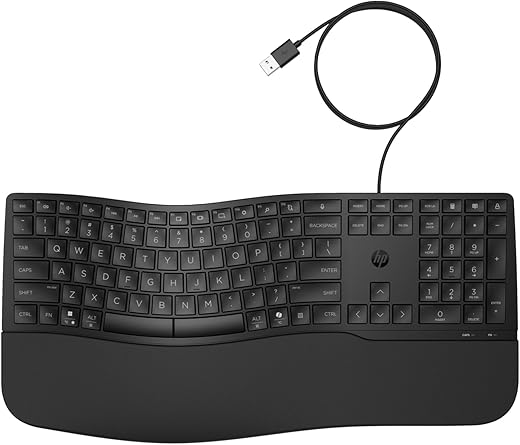 HP 480 Comfort Wired Keyboard, USB-A connectivity, 23 programmable Keys, Microsoft Copilot, Cushioned Palm Rest, Adjustable tilt, Spill Resistant, 1-Year Limited Warranty, Black, 8T6M1AA