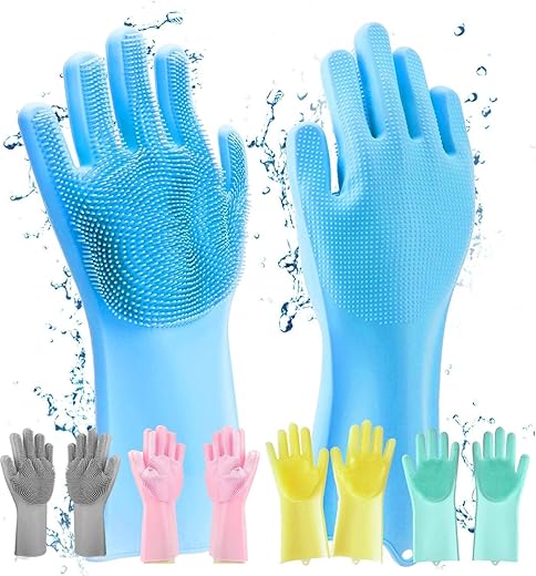 Magic Silicone Dishwashing Gloves Heat-Resistant Reusable Scrubbing Gloves Kitchen Cleaning, Dishwashing Pet Grooming Car Wash & Bathroom Built-In Scrubber Bristles – Multicolor (1 Pair)