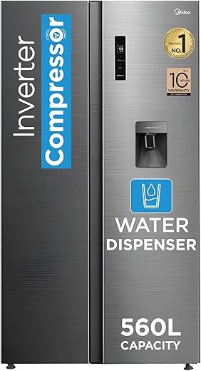 Midea 560 L Side by Side,Frost Free Refrigerator|Water Dispenser |Inverter Compressor (MDRS704FGF46 Bru Steel),Grey