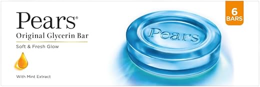 Pears Original Glycerin Soap Bar - Soft & Fresh Glow | With 98% Pure Glycerin & Mint Extract | For a Fresh Glow | With Plant Based Cleanser for Skin & Body | Paraben-free | 125 gms x 6