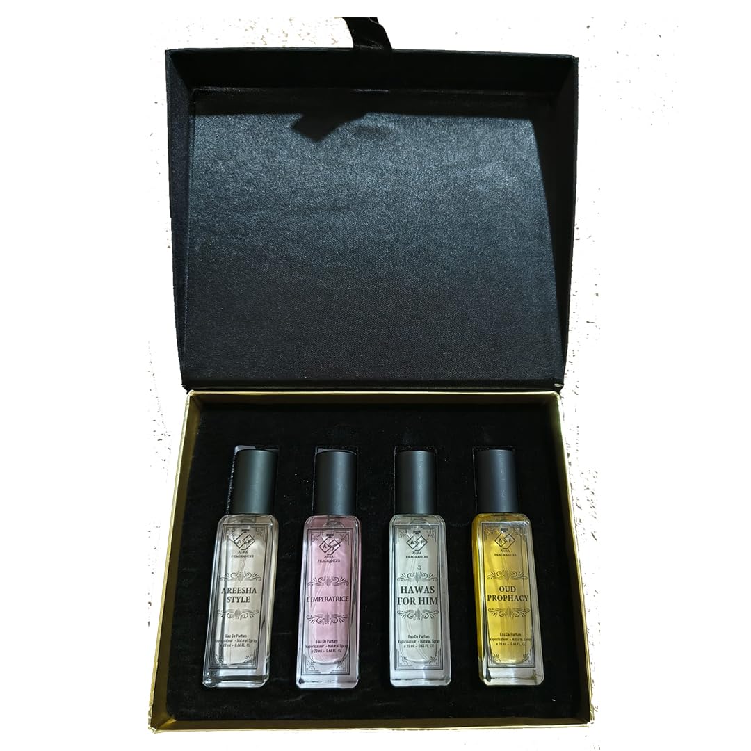 Premium Eau De Parfum Gift Box Set, 4 Fragrances Collection, 20ml Each, Areesha Style, L'imperatrice, Hawas for Him, Oud Prophacy