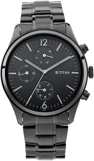 Titan Workwear Quartz Multifunction Black Dial Black Metal Strap Watch For Men – NT1805NM02