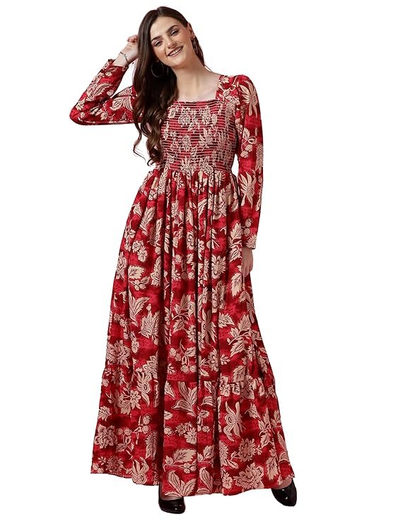 Sheetal Associates Crepe Women’s Mix Floral Printed Grown with Regular Sleeves Full Lenth and Square Neck | Beach Tipe Dress