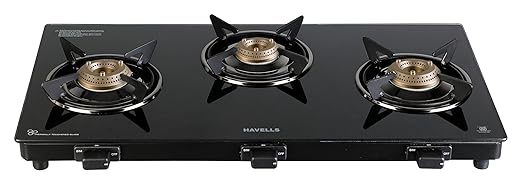 Havells Calore Gas stove |3 Heavy Duty Forged Brass Burner|6 mm Toughened Glass|Premium Valves|Removable Drip Tray|Soft Touch Knobs|5 year Warranty on Burners, Glass & Valves by Havells (Black)