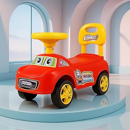 Kidsmate City Rider Baby Ride-On Push Car for Kids | Fun & Safe Ride Baby Car with Steering Wheel & Comfortable Backrest |Perfect for Indoor & Outdoor Fun for Toddlers 1.5+ Years – Red/Yellow