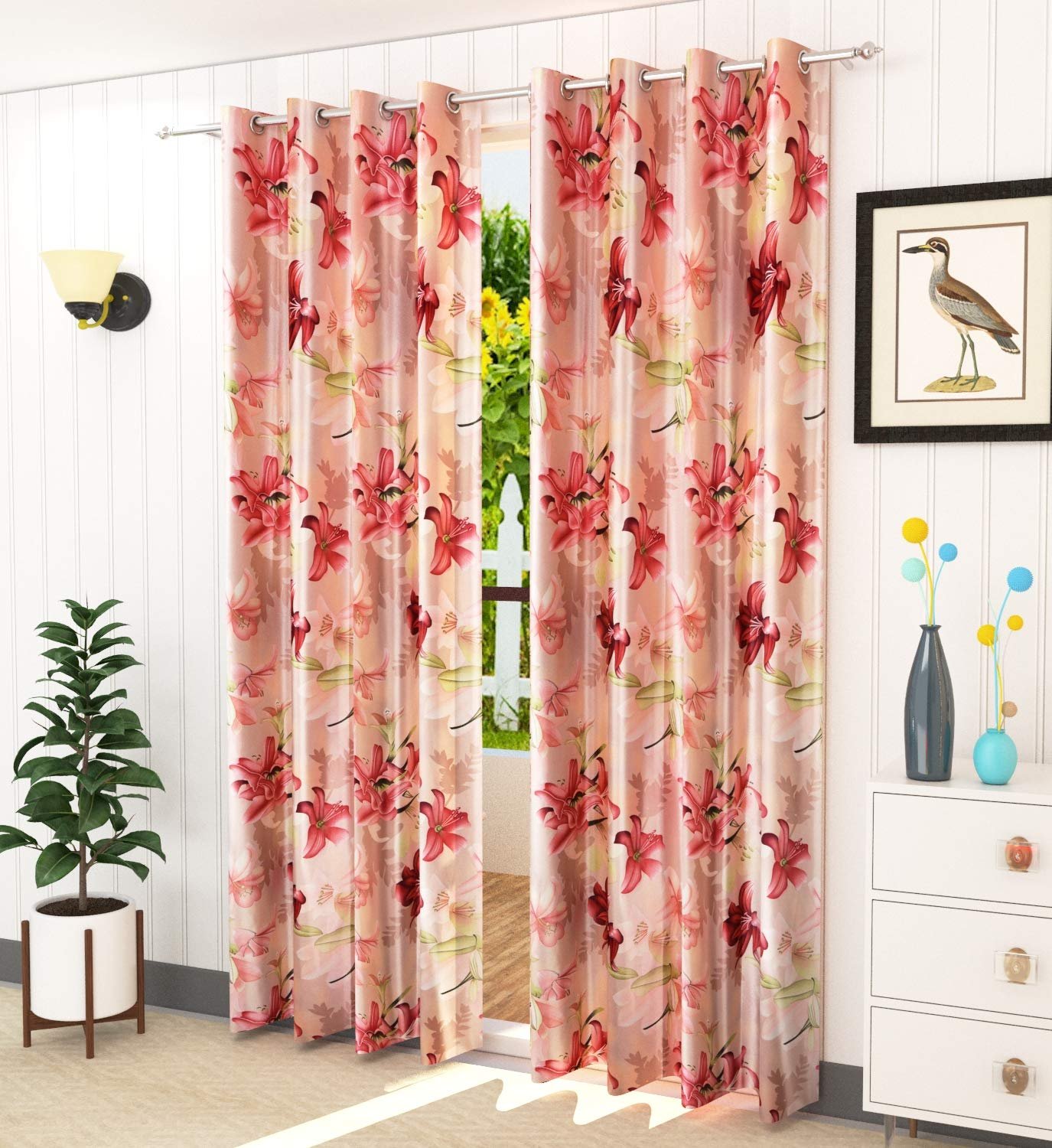 LaVichitra 2 Piece Premium Eyelet Long Door Curtains – 9 ft, Floral, Maroon