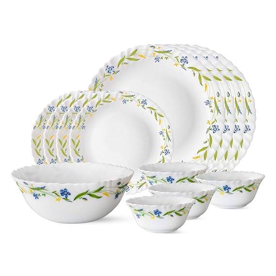 Larah by Borosil Cripper Opalware Dinner Set, 13-Pieces, White