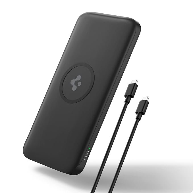 Spigen 2 in1 10000 mAh Wireless Charging Power Bank with USB-A | USB-C 20W Fast Charging, Included Type-C to C Cable, Lithium Polymer – Black