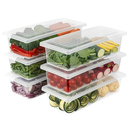 VOLTURI Fridge Storage Containers (Pack of 4), Fridge Organiser Storage Boxes with Removable Drain Plate, Lids, Stackable Organizer, Fridge Storage Box Keep Fruits, Vegetables Fresher, 1500 ML