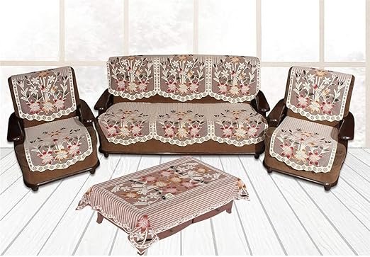 Yellow Weaves Polyester Floral 5 Seater Sofa Cover Set with 1 Center Table Cover (Off White) – 7 Pieces