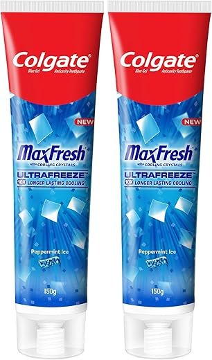 Colgate MaxFresh Breath Freshner Oral Care Toothpaste, 300g Saver Pack (150g x 2), Peppermint Ice, Blue Gel Paste with Menthol & Cooling crystals for bad breath control