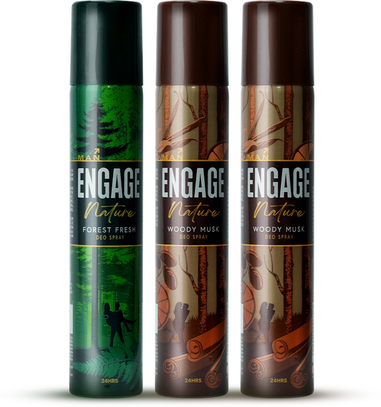 Engage Nature Deo: 2 Woody Musk & 1 Forest Fresh (150ml X 3) Deodorant Spray  –  For Men(450 ml, Pack of 3)