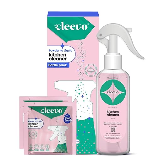 Cleevo Kitchen Cleaner Spray- 1L Bottle Pack | Natural Plant-Based Cleaning Spray for Tough Stains, Gas Stove, Countertop, Chimney | Grease & Grime Remover | All-in-One Kitchen Surface Cleaner