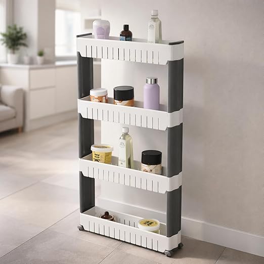 FLIPZON Slim Rolling Storage Rack – 4-Tiered Shelf Plastic Slide-Out Organizer | Space-Saving, Multipurpose | for Kitchen, Bathroom, Laundry, Pantry & Utility Storage | Floor Standing | White & Grey