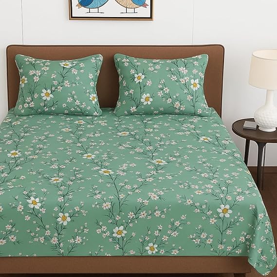 VAS COLLECTIONS 120 TC Double Floral Bedsheet Set – 110 GSM Soft Brushed Microfiber, Breathable & Wrinkle-Free, Includes 2 Pillow Covers (86 × 88 inch) (Light Green)