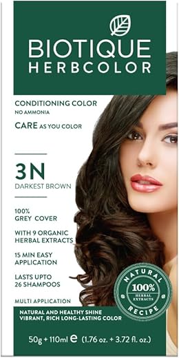 Biotique Herbcolor Conditioning Hair Colour l Ammonia Free Hair Color l 9 Organic Herbal Extracts l Natural and Healthy Shine l 50g + 110ml| Darkest Brown 3N (Pack of 1)