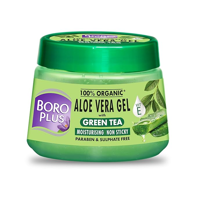 Boroplus Aloe Vera Gel With Green Tea 100% Organic For Skin & Hair, Rich In Vitamin E And Antiseptic Herbs For Smooth, Nourished And Moisturised Skin, 200Ml