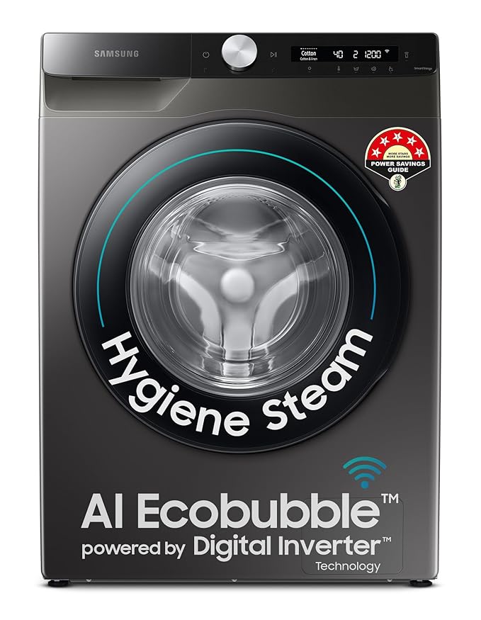 Samsung 8 kg, 5 star, AI Control, AI Eco Bubble Fully-Automatic Front Load Washing Machine (WW80T504DAX1TL, Hygiene Steam, Inox)