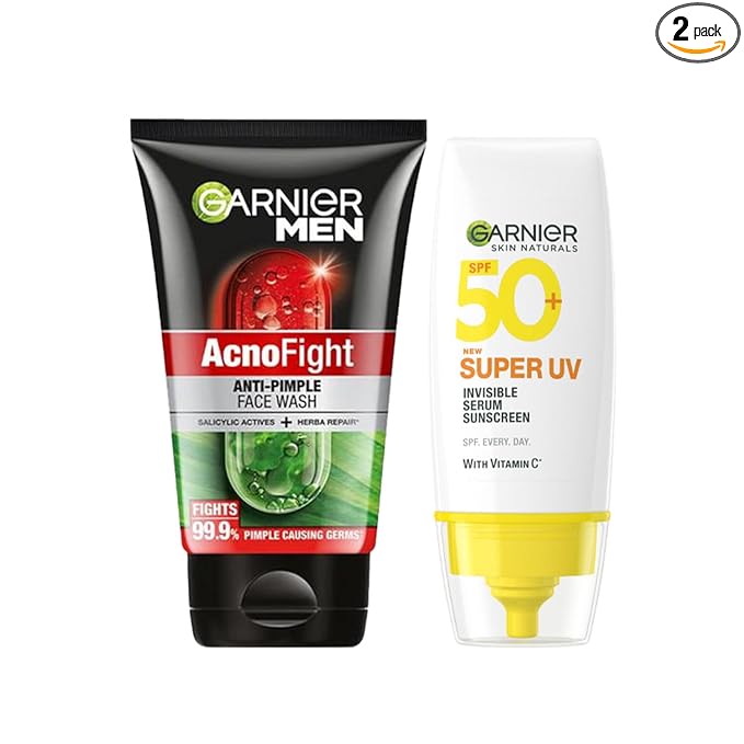 GARNIER Men Acno Fight Anti Pimple Face Wash 100g + Super UV Invisible Serum Sunscreen 30ml (2 Items in the set)