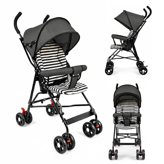 OBABY Stroller with Reclining Seat, Adjustable Canopy, Safety Harness, Smooth Wheels, Compact Folding Design (Foldable-Grey)