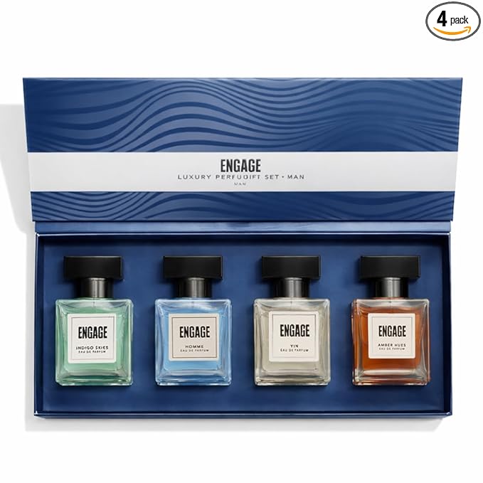 Engage Gift Assorted Luxury Perfume Set for Men 80ml (20ml x 4) |4 Unique EDP Fragrances | Long Lasting |Travel Size Perfume Combo|Birthday, Anniversary, Wedding Gift|No Paraben|Dermat-Tested