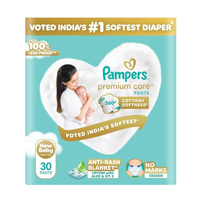 Pampers Premium Care Pant Style Baby Diapers, Newborn (XS), 30 Count, Upto 5 kg, All-in-1 with 360 Cottony Softness Diapers