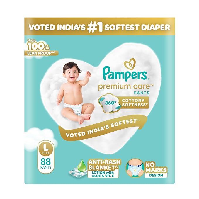 Pampers Premium Care Pant Style Baby Diapers | Large (L size) | 88 Count | Voted India’s Softest | All-in-1 with 360 Cottony Softness Diapers| 9-14kg