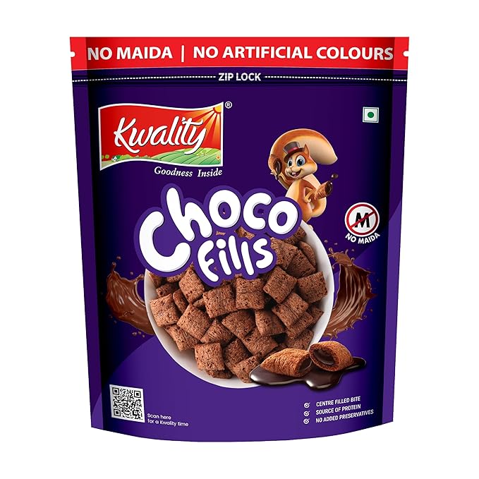 Kwality Choco Fills 250g | Chocolate Flavor, No Maida | Crunchy Bites Filled with Rich Chocolate | Healthy Food & Breakfast Cereal for Kids | High in Protein & Fiber