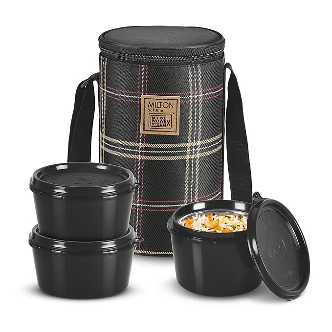 MILTON Lofty Lunch Box with Insulated Fabric Bag, Microwave Safe & Leak Proof, 3 Inner Steel Containers with BPA Free Lids (1 x 320 ml, 2 x 450 ml Each)