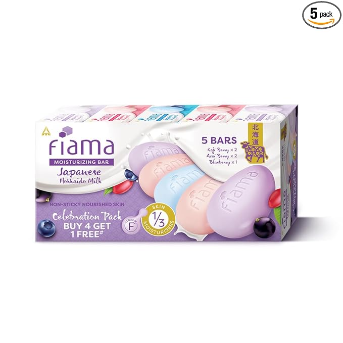Fiama Skin Barrier Strengthening Moisturizing Soap Bar 125gx5, Japanese Hokkaido Milk Celebration Pack of 5, Non-Sticky Soft Skin | 1/3rd Moisturizers | Blueberry, Goji Berry & Acai Berry Combo pack