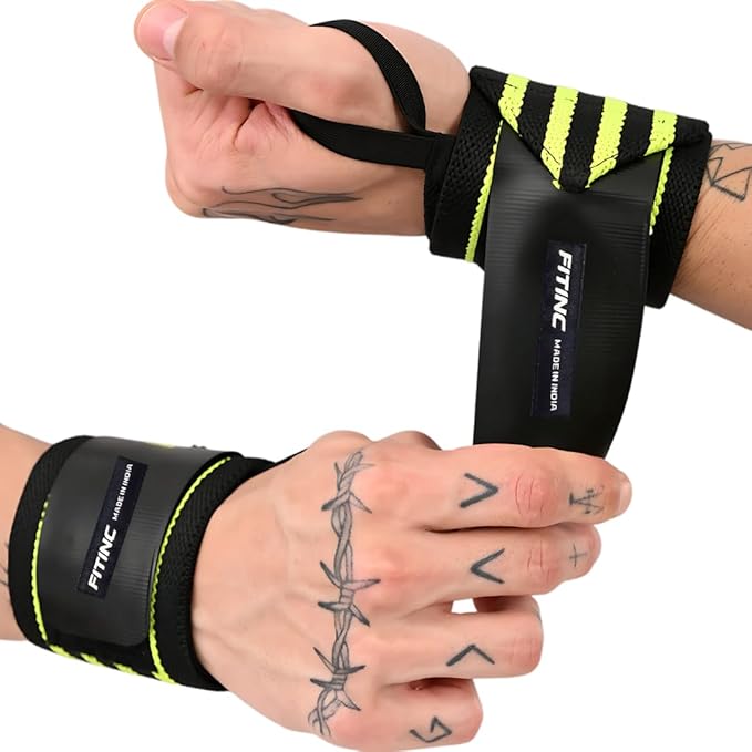 FITINC Weight Lifting Wrist Support for Men & Women with Thumb Loop Strap for Gym & Workout – Made of Premium Velcro and Elastic Band | Black – Neon Yellow