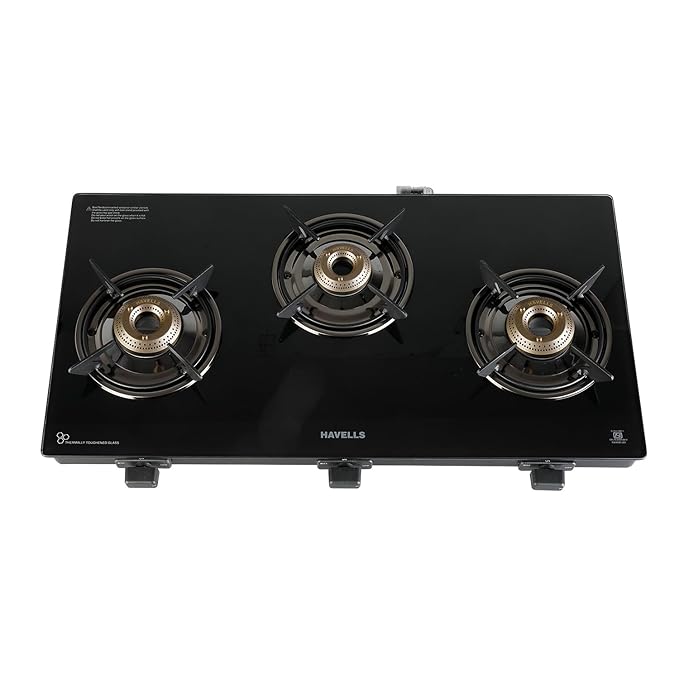 Havells GEOSLIM Gas stove |3 Heavy Duty Forged Brass Burner|6 mm Toughened Glass|Premium Valves