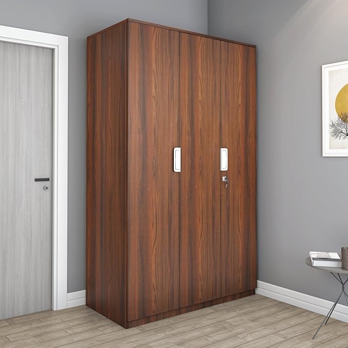 Nilkamal Joyce Neo 3 Door Wooden Wardrobe for Bedroom | Almirah with 8 Shelves | Clothes Cupboard | Engineered Wood | Walnut