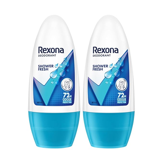 Rexona for Female Shower Fresh Underarm Roll On Deodorant + Antiperspirant With Glycerine 50 Ml (Pack Of 2)