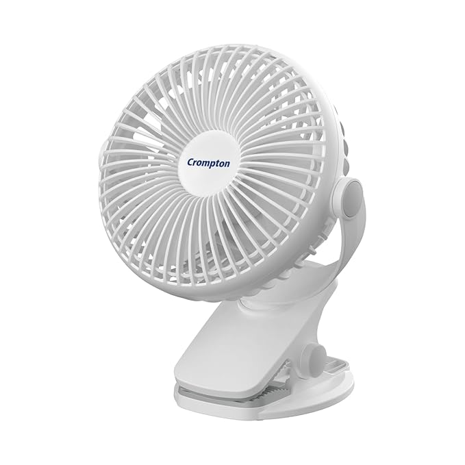 Crompton Siro Rechargeable Clip Fan 100MM | Safety Grill Design | Replaceable Battery | Type-C Charging (White)