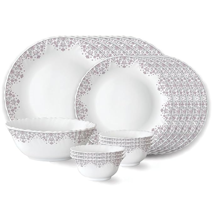 Larah by Borosil Lark Fluted Series Opalware Dinner Set | 19 Pieces for Family of 6 | Microwave & Dishwasher Safe | Bone-Ash Free | Crockery Set for Dining & Gifting | Plates & Bowls | White