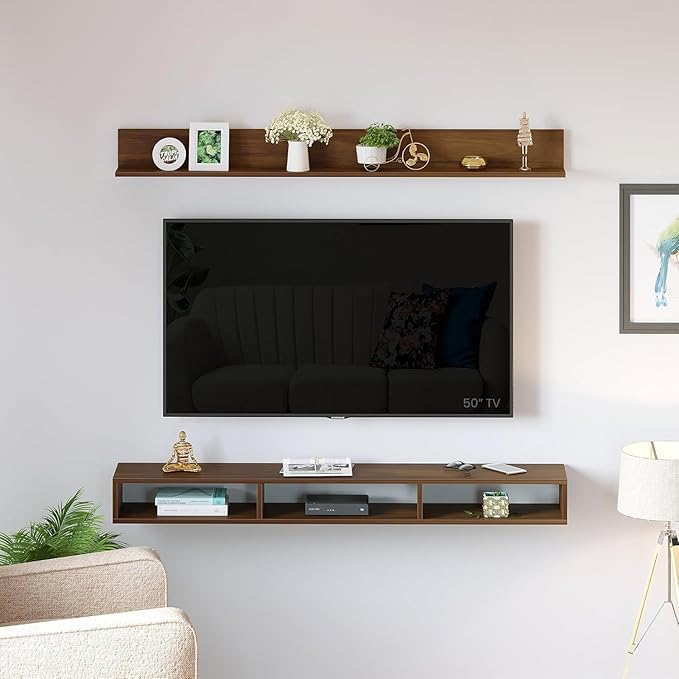 Furniture Cafe Wood Wall Mount TV Entertainment Unit with Shelf for Show Pieces Books Living Room Bed Room