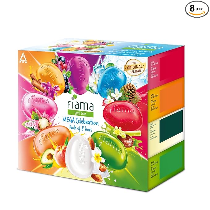 Fiama Gel Bar Mega Celebration Pack 1kg (125g Pack of 8) | 8 Unique Soap Variants | Moisturised Skin with 30% Smoothing Body Serum | Bathing Soap Gift Set for Women & Men | All Skin Types