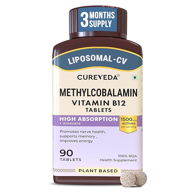 Cureveda Liposomal Vitamin B12 1500 mcg Active Methylcobalamin Aloe Vera | High Absorption 90 Tablets